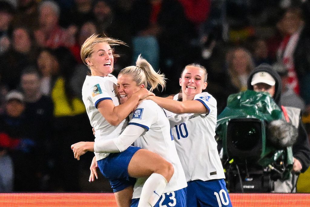 Players of England celebrate after scoring a goal in the FIFA Women's World Cup quarterfinals game against Colombia at Stadium Australia in Sydney, Australia, August 12, 2023. /CFP