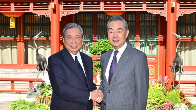 Chinese Foreign Minister Wang Yi (R) meets with Yohei Kono, president of the Japanese Association for the Promotion of International Trade, in Beijing, capital of China, July 6, 2023. /Xinhua