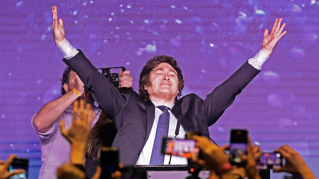 Argentine far-right libertarian economist and presidential candidate Javier Milei celebrates the results of the primary elections at his headquarters in Buenos Aires, August 13, 2023. /CFP