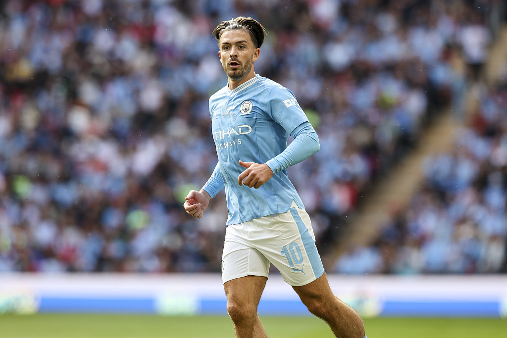 Jack Grealish of Manchester City look on in the FA Community Shield game against Arsenal at Wembley Stadium in London, England, August 6, 2023. /CFP 