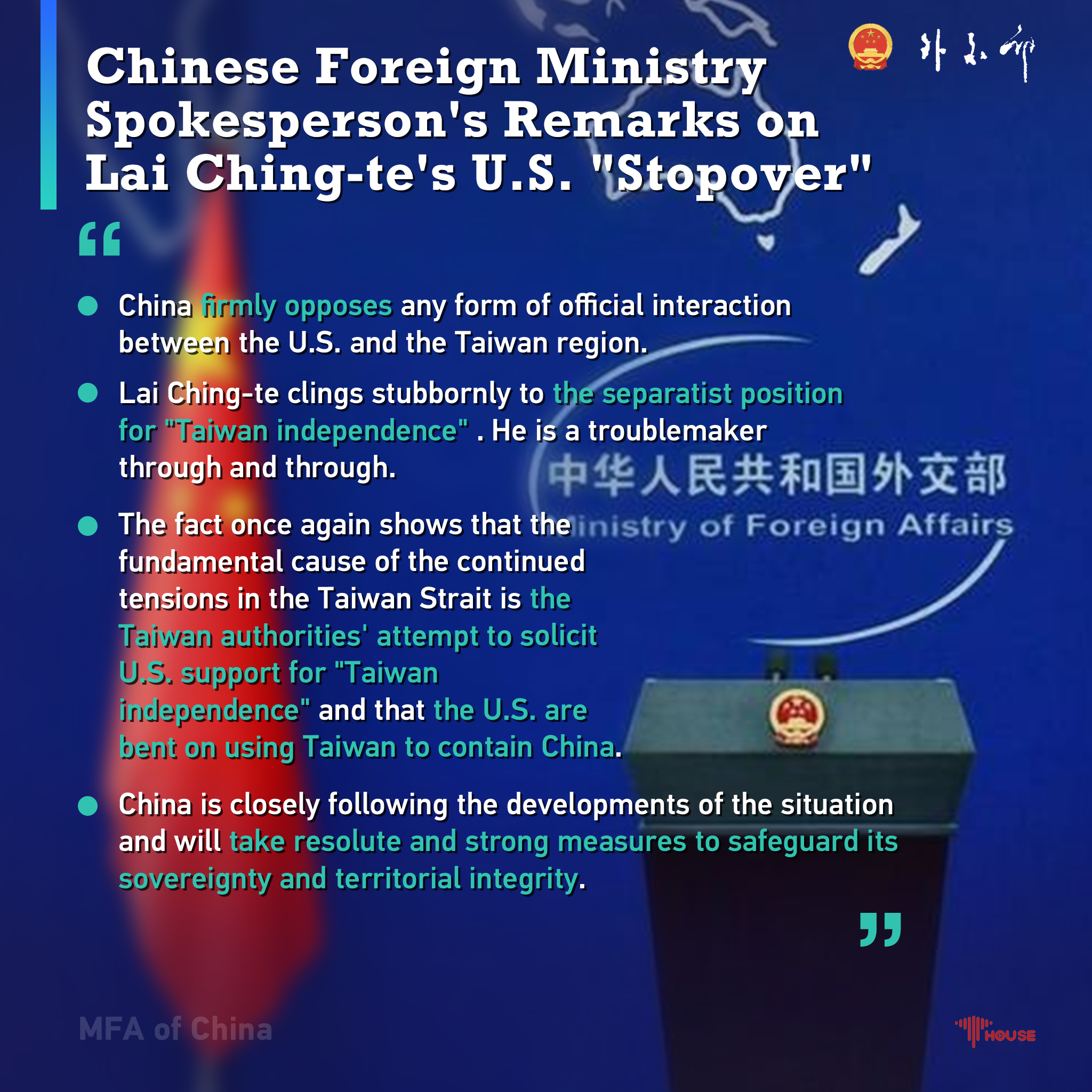 Chinese MFA isn't mincing words about Lai Ching-te's U.S. 'stopover'