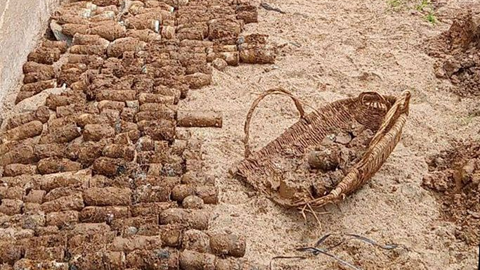 Thousands of unexploded ordnance left over from Cambodia's civil war after they were unearthed at a school in Cambodia's Kratie province, August 13, 2023. /CFP