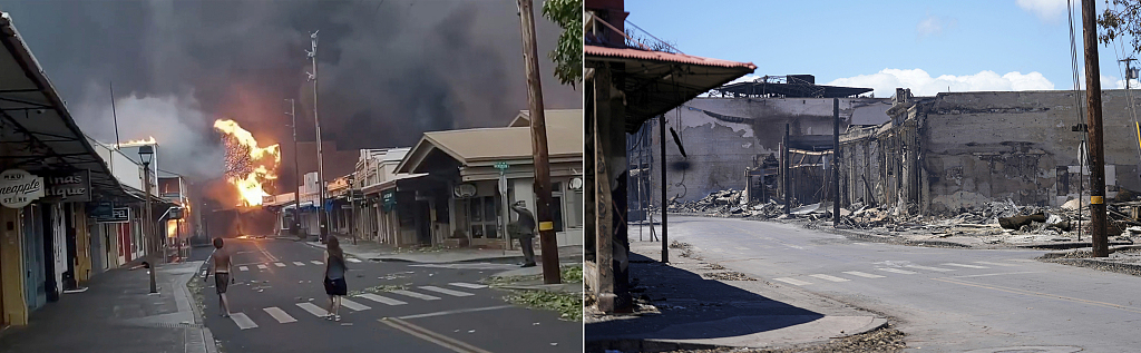 This photo combo shows before and after images of Front Street in Downtown Lahaina, Hawaii, U.S., respectively on August 9, 2023 and August 12, 2023. /CFP