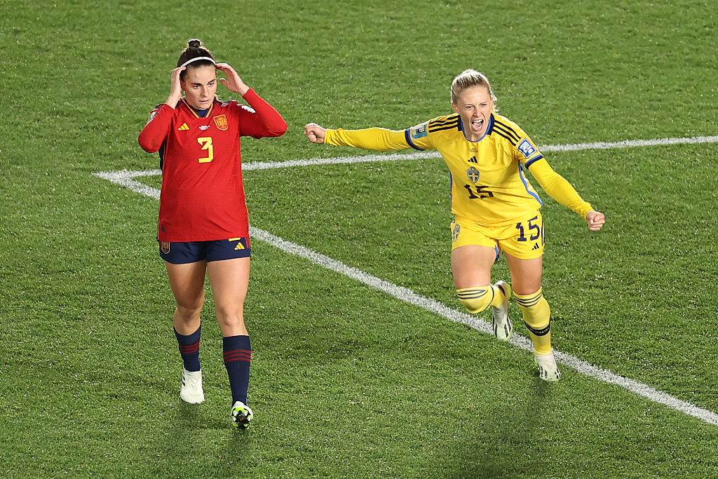 Rebecka Blomqvist (#15) of Sweden celebrates after scoring a goal in the FIFA Women's World Cup semifinals against Spain at Eden Park in Auckland, New Zealand, August 15, 2023. /CFP