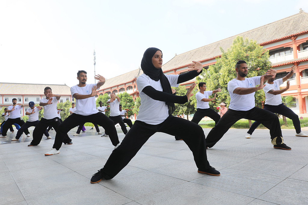 Foreign students undergo training at the Chenjiagou Taijiquan Cultural International Exchange Center in Wenxian County, Jiaozuo, Henan Province, on August 14, 2023. /CFP