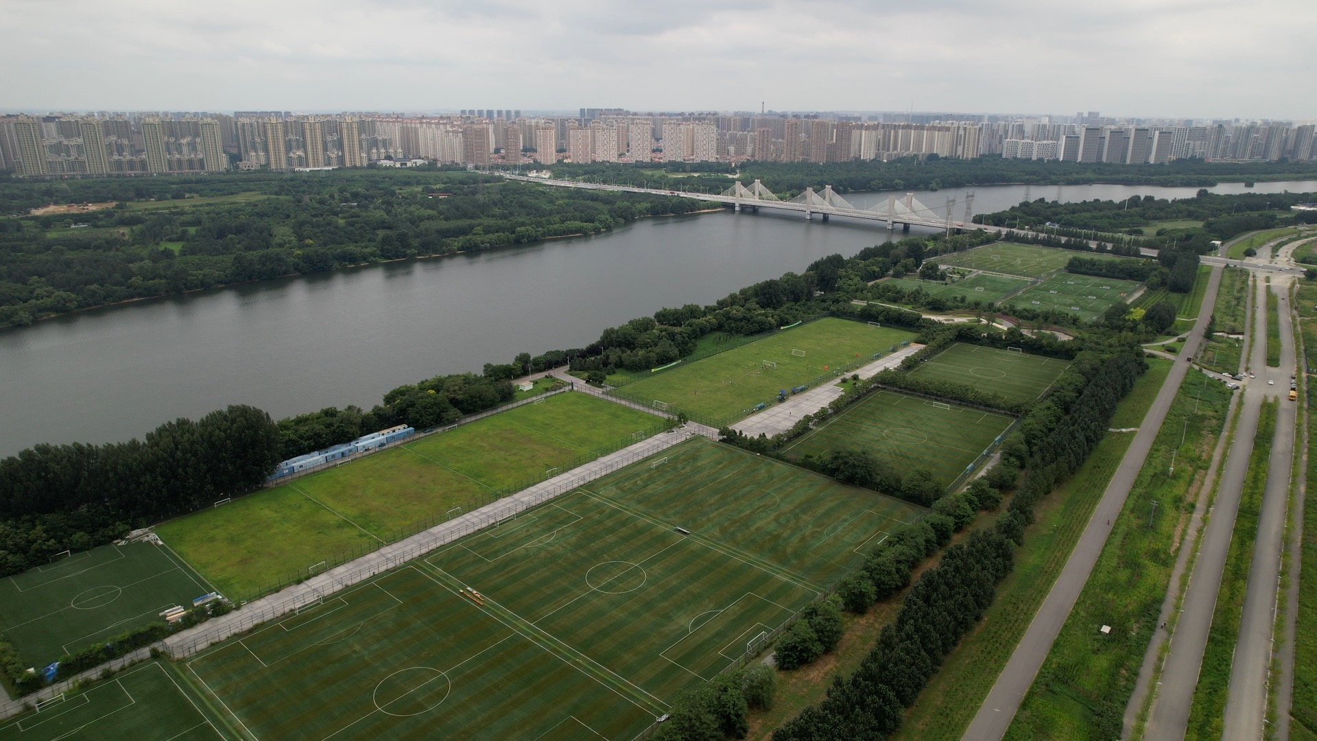 An aerial view of the Shenyang Peace Cup Football Park along the Hunhe River. /Peace Cup