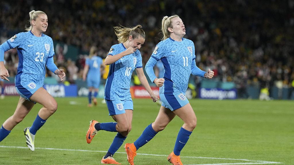Players of England celebrate during Women's World Cup semifinal round against Australia in Sydney, Australia, August 16, 2023. /CFP
