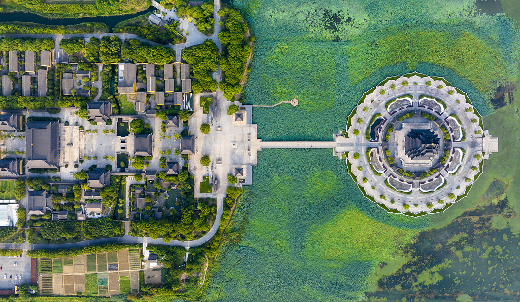 This photo taken on August 15, 2023, shows an aerial view of the Guanyin pavilion on Yangcheng Lake, Suzhou, Jiangsu Province, China. /CFP