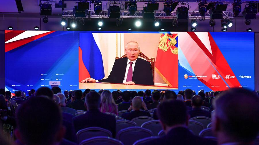 Russian President Vladimir Putin delivers a speech via video at the opening ceremony of the 11th Moscow Conference on International Security in Kubinka, Russia, August 15, 2023. /Xinhua