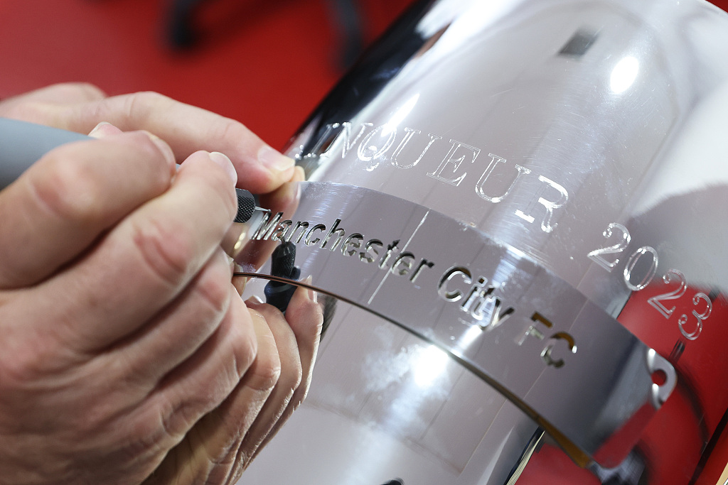  A detailed view of Manchester City being engraving on the UEFA Super Cup trophy after the team's victory in the UEFA Super Cup at the Georgios Karaiskakis stadium in Piraeus port, Athens, Greece, August 16, 2023. /CFP