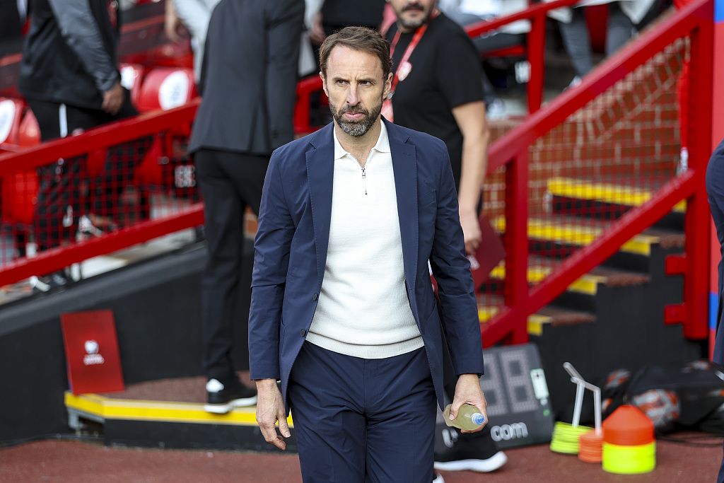 Gareth Southgate, manager of England, looks on during the 2024 UEFA European Championship qualifying game against North Macedonia at Old Trafford in Manchester, England, June 19, 2023. /CFP 