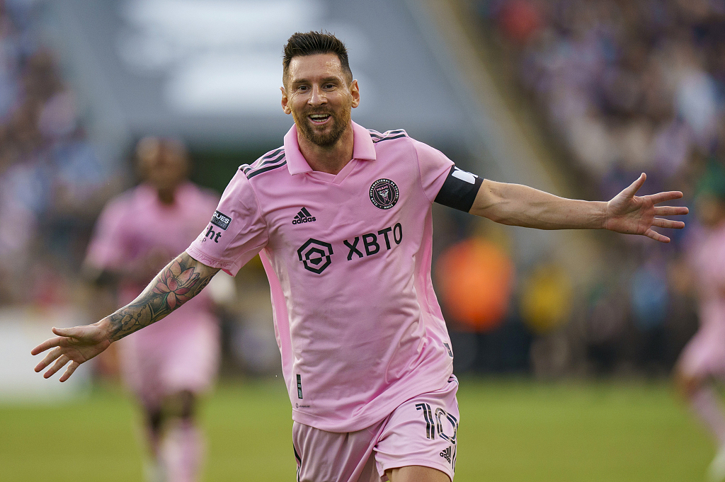Lionel Messi of Inter Miami celebrates after scoring a goal in the Leagues Cup semifinals against the Philadelphia Union in Chester, Pennsylvania, August 15, 2023. /CFP