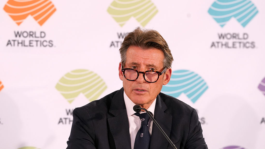Sebastian Coe speaks at a press conference ahead of the World Athletics Championships in Budapest, Hungary, August 17, 2023. /CFP
