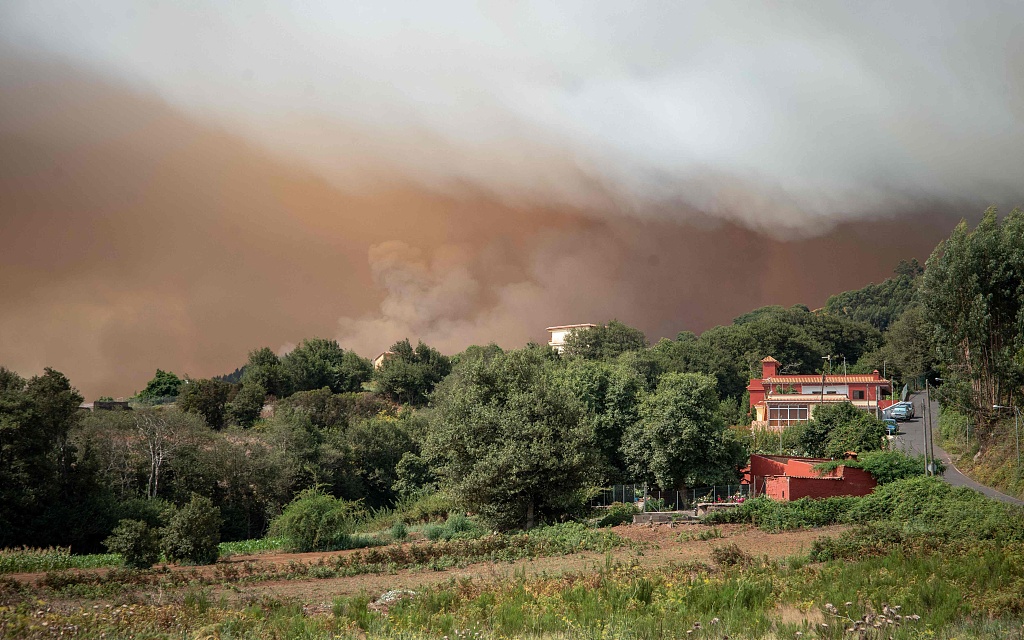 Columns of smoke, pictured from the village of Nuestra Senora del Rosario, August 17, 2023, billow from a huge wildfire which broke out almost two days ago and is raging in the northeastern part of the Canary island of Tenerife. /CFP