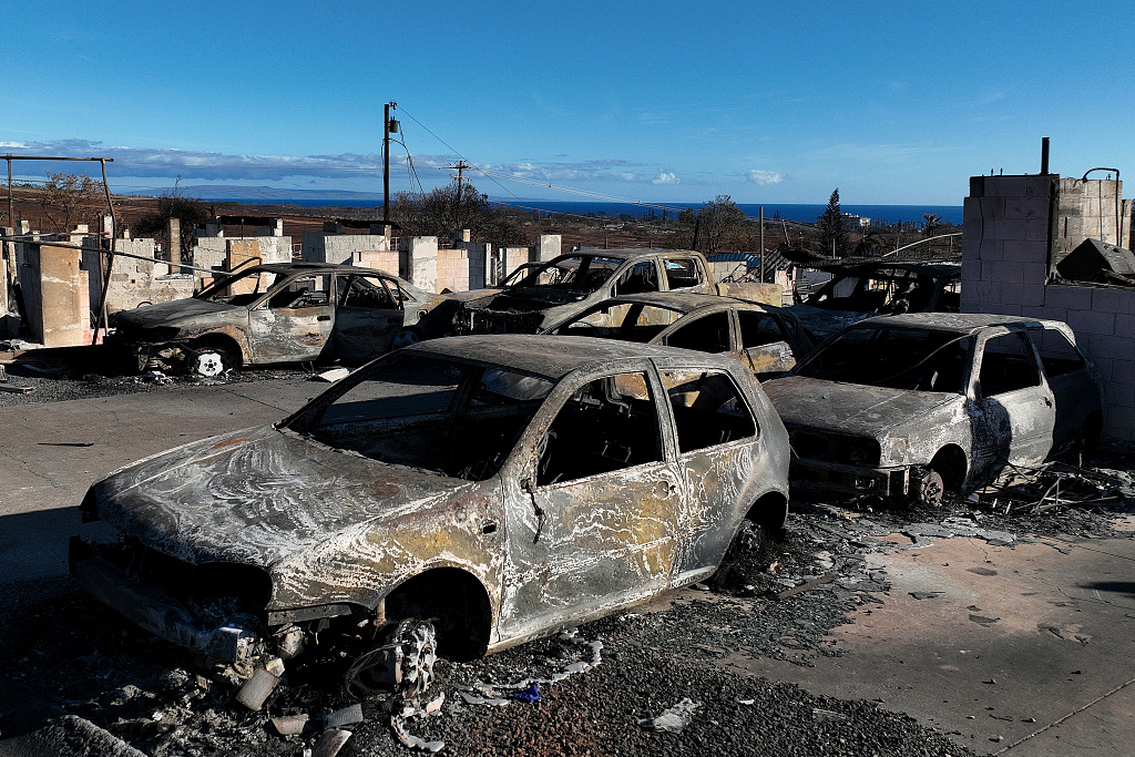 Burned cars and homes are seen a neighborhood that was destroyed by a wildfire, August 17, 2023, Hawaii. /CFP