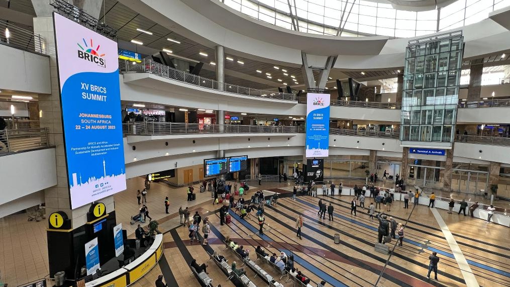 Electronic screens of the 15th BRICS summit are seen at the O.R. Tambo International Airport in Johannesburg, South Africa, August 16, 2023. /Xinhua