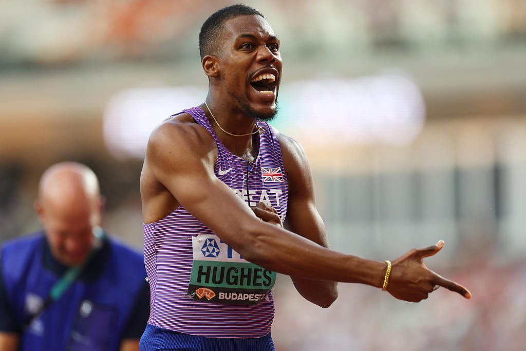 Zharnel Hughes of Britain reacts after finishing the men's 100-meter final in the World Athletics Championships in Budapest, Hungary, August 20, 2023. /CFP