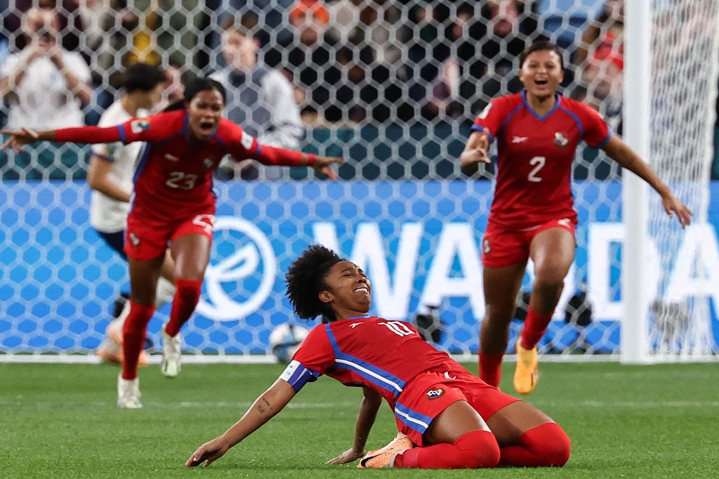 Marta Cox (front) of Panama celebrates after scoring her team's first goal during the Women's World Cup group match between Panama and France in Sydney, Australia, August 2, 2023. /CFP