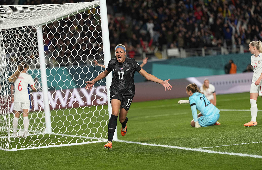 Hannah Wilkinson of New Zealand celebrates after scoring the first goal at the Women's World Cup during the group match between New Zealand and Norway in Auckland, New Zealand, July 20, 2023. /CFP 