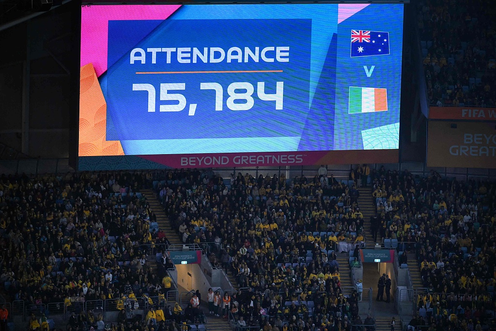 A screen displays the number of people attending the Women's World Cup opening match between Australia and Republic of Ireland in Sydney, Australia, July 20, 2023. /CFP
