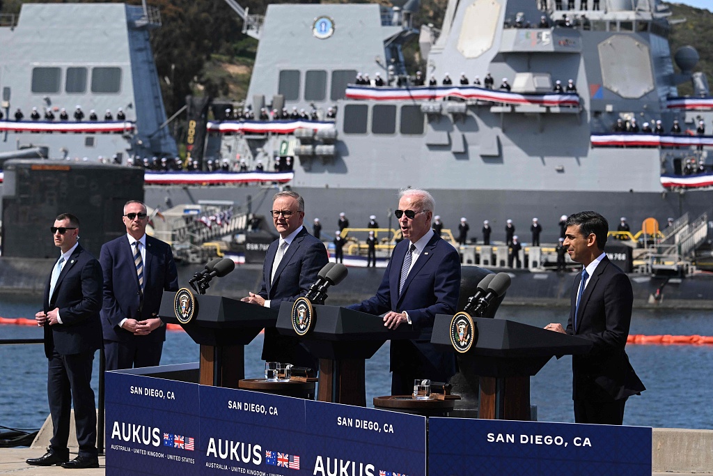 U.S. President Joe Biden speaks alongside British Prime Minister Rishi Sunak and Australian Prime Minister Anthony Albanese at a press conference during the AUKUS summit at Naval Base Point Loma in San Diego, California, United States, March 13, 2023. /CFP