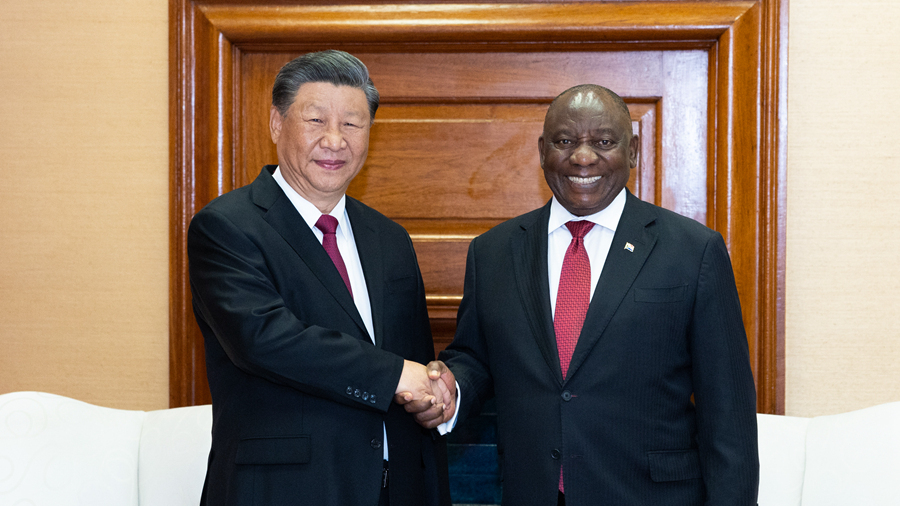 Chinese President Xi Jinping (L) meets with South African President Cyril Ramaphosa in Pretoria, South Africa, August 22, 2023. /Xinhua