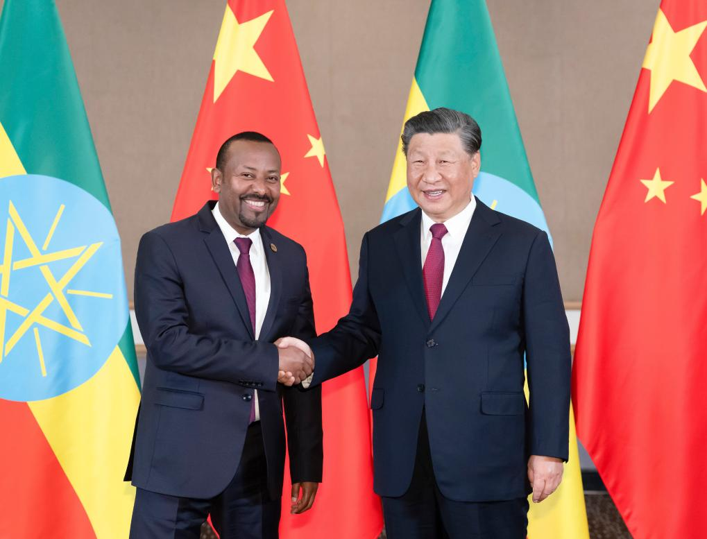 Chinese President Xi Jinping meets with Ethiopian Prime Minister Abiy Ahmed on the sidelines of the 15th BRICS Summit in Johannesburg, South Africa, August 23, 2023. /Xinhua