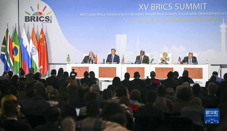 BRICS leaders at a press conference during the 15th BRICS Summit in Johannesburg, South Africa, August 24, 2023. /Xinhua