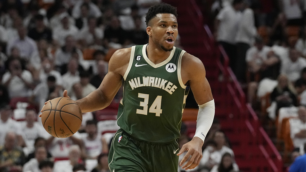 Giannis Antetokounmpo of the Milwaukee Bucks dribbles in Game 4 of the NBA Eastern Conference first-round playoffs against the Miami Heat at the Caseya Center in Miami, Florida, April 24, 2023. /CFP