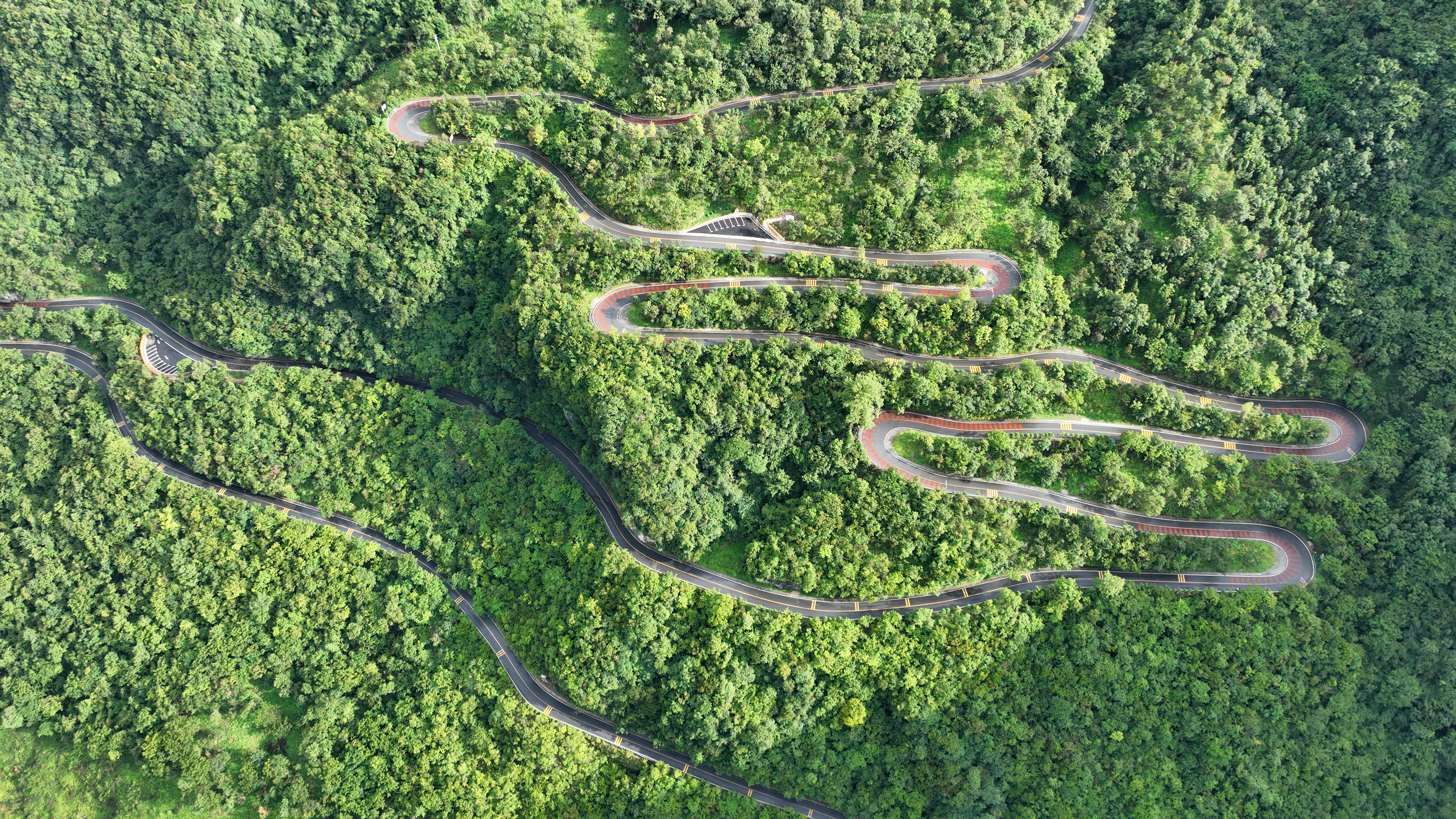 Photo taken on August 23, 2023 shows a road winding through a lush mountain in Fangxian, Hubei Province. /IC 