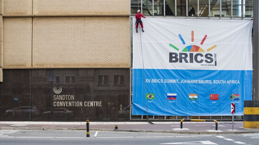 A signboard of the 15th BRICS Summit outside the Sandton Convention Center in Johannesburg, South Africa, August 17, 2023. /Xinhua