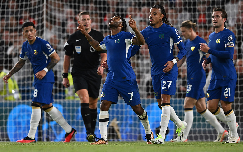 Raheem Sterling #7 celebrates scoring Chelsea's first goal against Luton Town in the Premier League in London, UK, August 25, 2023. /CFP