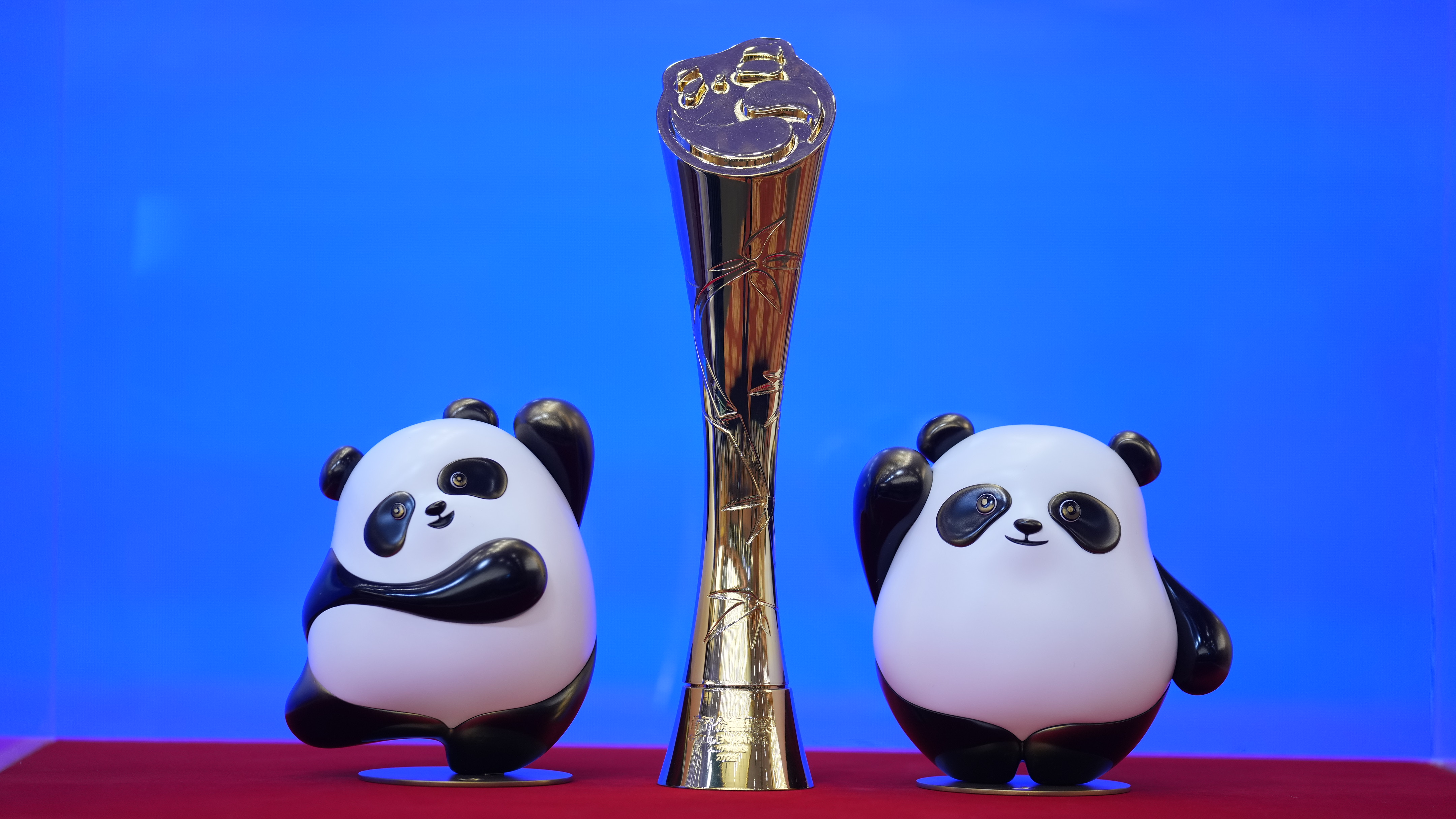 Mascots and trophy of the Golden Panda Awards released at the press conference, Beijing, August 26, 2023. /CGTN