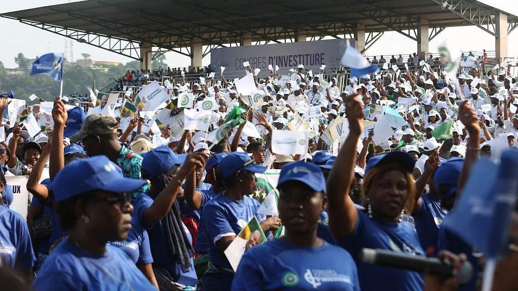 Supporters of Gabonese President Ali Bongo Ondimba and the Gabonese Democratic Party are seen at the Nzang Ayong stadium in Libreville, Gabon, July 10, 2023. /CFP