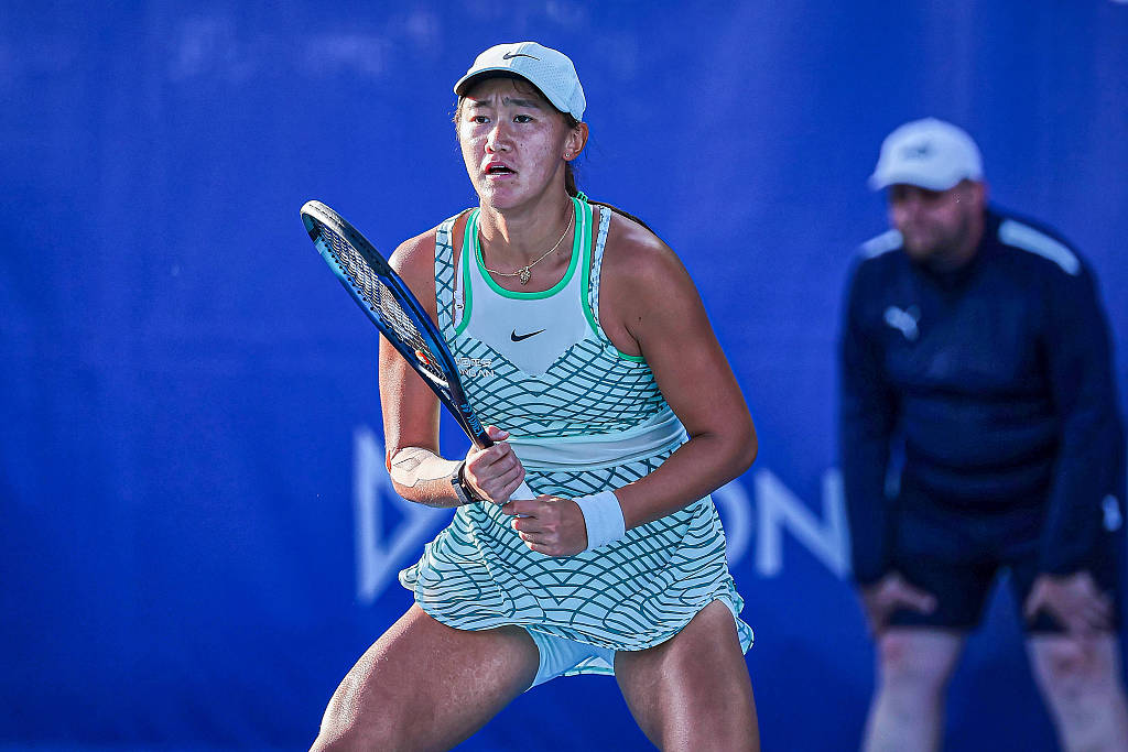 Wang Xiyu of China competes in the Prague Open women's singles match against Clara Tauson of Denmark at TK Sparta Praha in Prague, the Czech Republic, August 1, 2023. /CFP