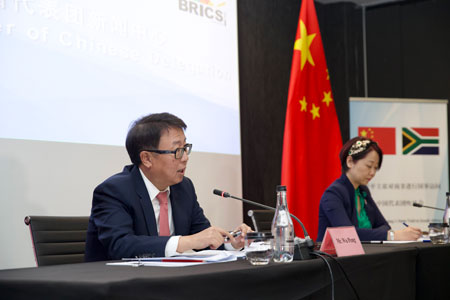 Director-General of the Department of African Affairs of the Chinese Foreign Ministry, Wu Peng, briefs the media on Chinese President Xi Jinping's state visit to South Africa in Johannesburg, South Africa, August 22, 2023. /Chinese Foreign Ministry