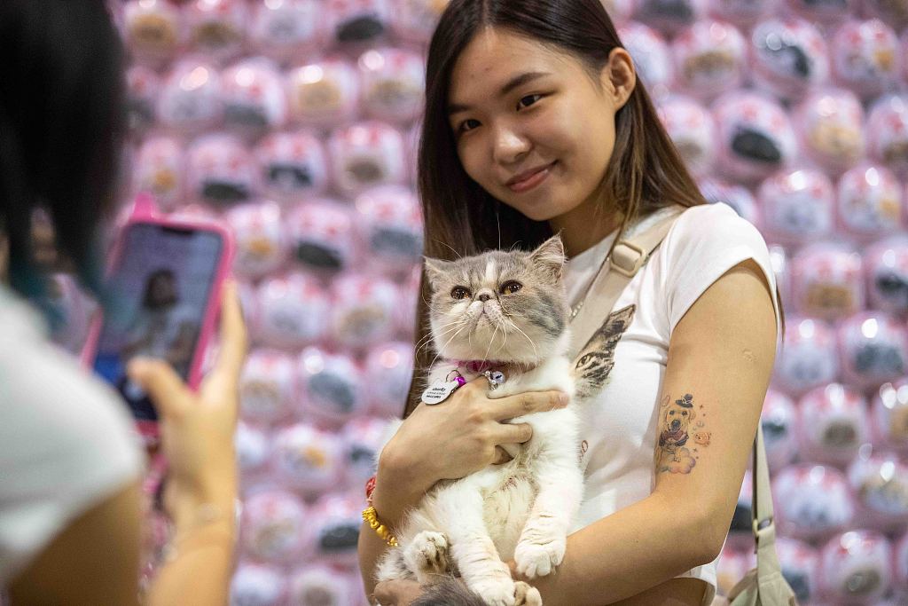 A cat lover poses for photos with her cat at the Hong Kong Cat Expo on August 25, 2023. /CFP