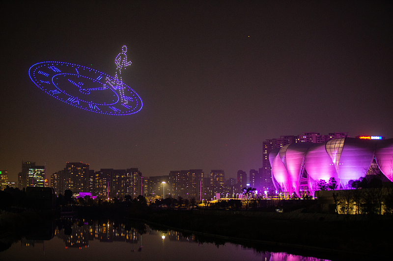 A spectacular drone display is seen in the night sky above Hangzhou City, east China's Zhejiang Province. /CFP