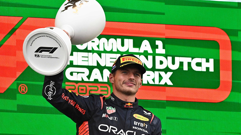 Max Verstappen celebrates winning the F1 Dutch Grand Prix in Zandvoort, Netherlands, August 27, 2023. /CFP