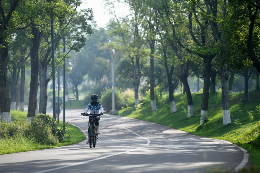A citizen rides a bicycle at Tianfu Greenway in Chengdu, capital of southwest China's Sichuan Province, July 16, 2023. /Xinhua