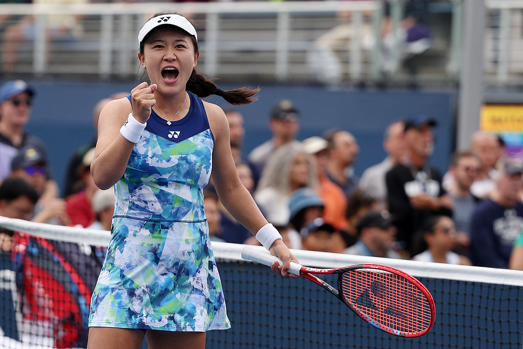 Zhu Lin celebrates match point on Day One of the U.S. Open at the USTA Billie Jean King National Tennis Center in the Flushing neighborhood of the Queens borough of New York City, U.S., August 28, 2023. /CFP