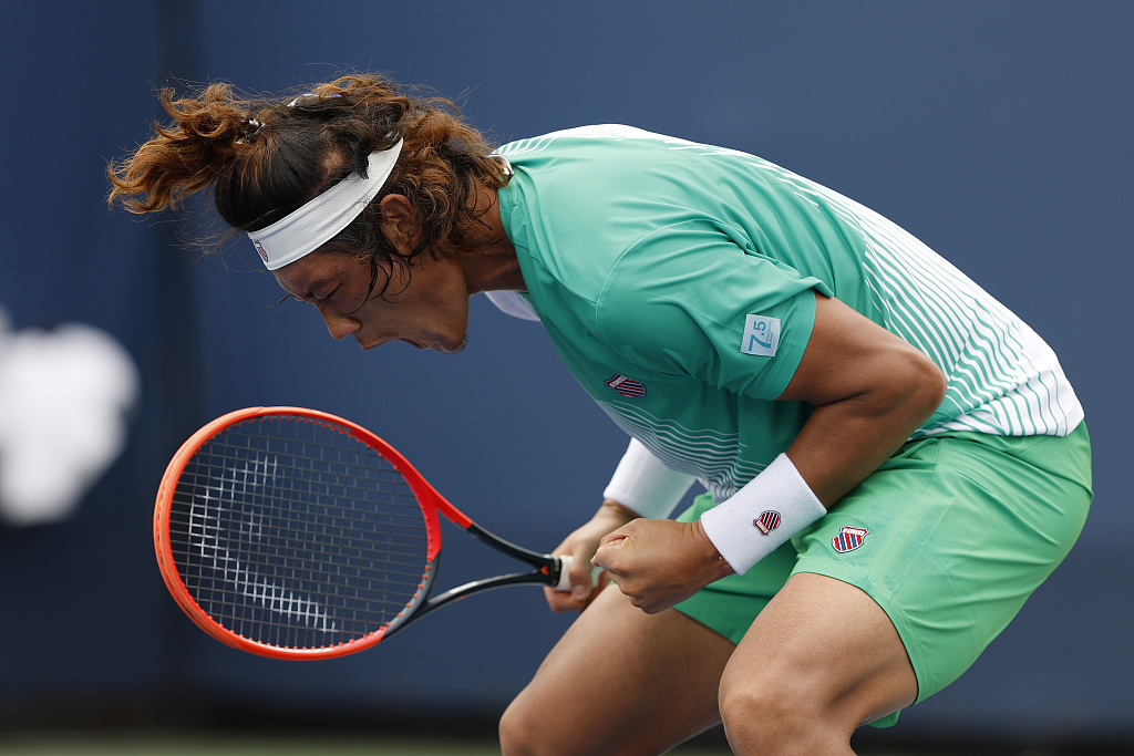 Zhang Zhizhen reacts after winning a match on Day One of the U.S. Open at the USTA Billie Jean King National Tennis Center in the Flushing neighborhood of the Queens borough of New York City, U.S., August 28, 2023. /CFP