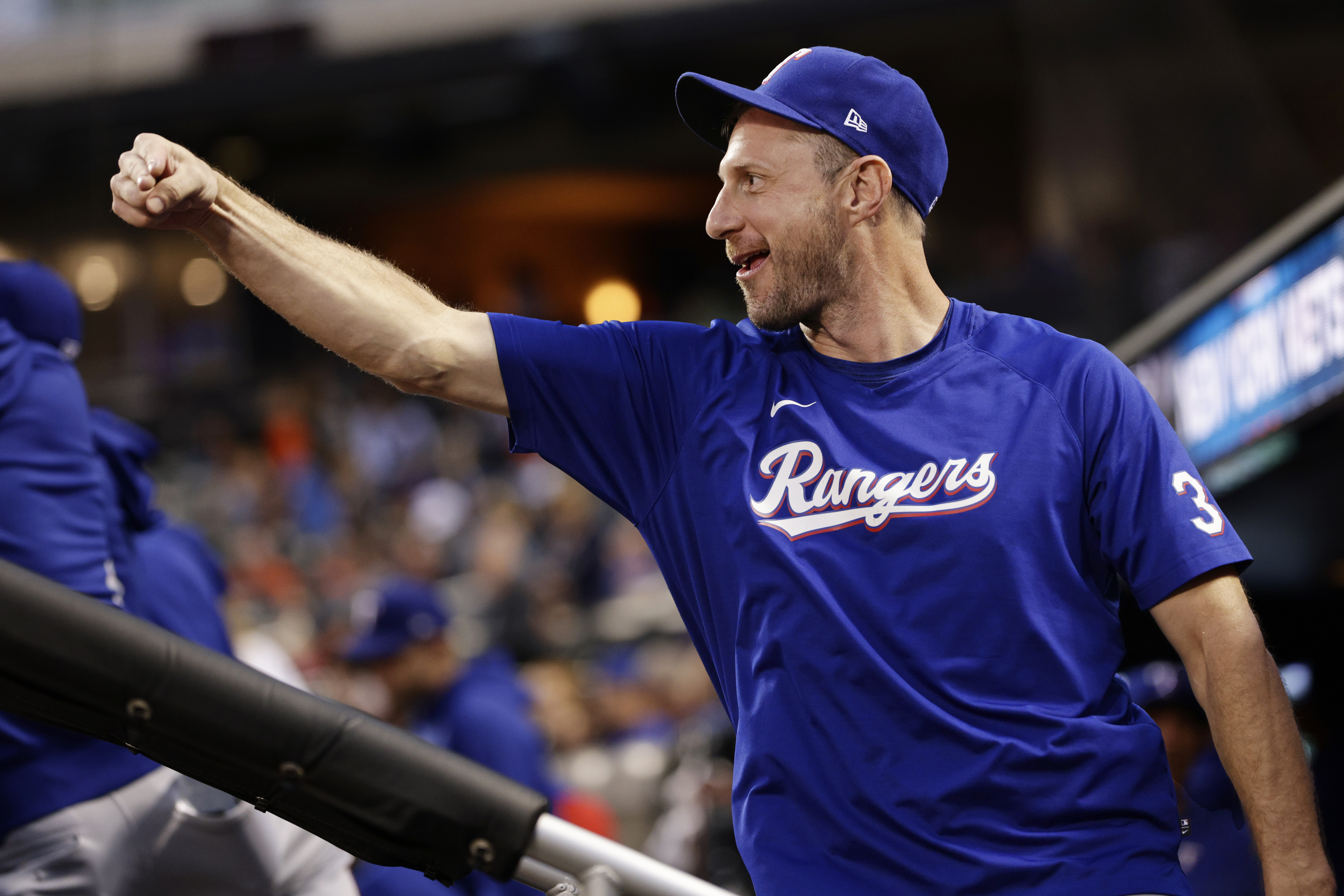 Max Scherzer of the Texas Rangers reacts after watching a video honoring him ahead of the game against the New York Mets at Citi Field in New York City, August 28, 2023. /CFP