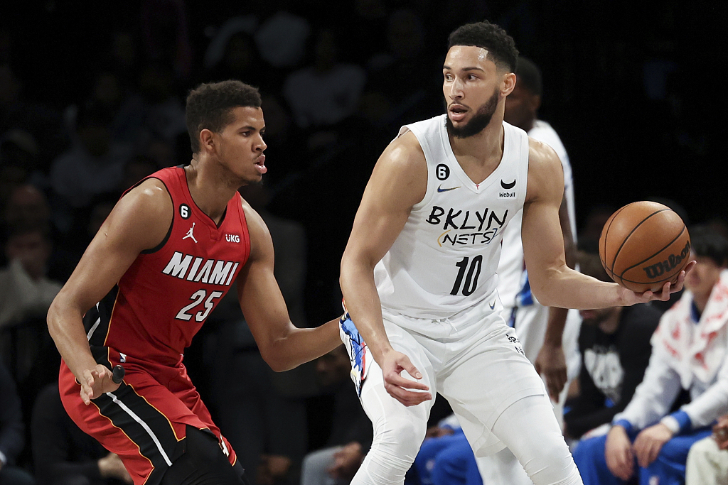 Ben Simmons (R) of the Brooklyn Nets posts up in the game against the Miami Heat at the Barclays Center in Brooklyn, New York City, February 15, 2023. /CFP