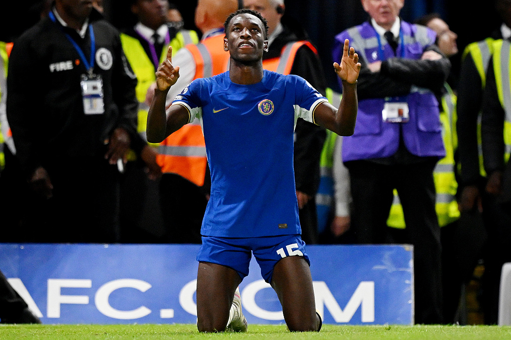 Nicolas Jackson of Chelsea celebrates after scoring a goal in the Premier League game against Luton Town at Stamford Bridge in London, England, August 25, 2023. /CFP 