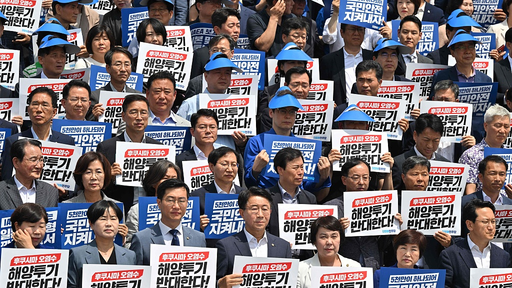South Korea's main opposition Democratic Party lawmakers and party members hold placards reading 
