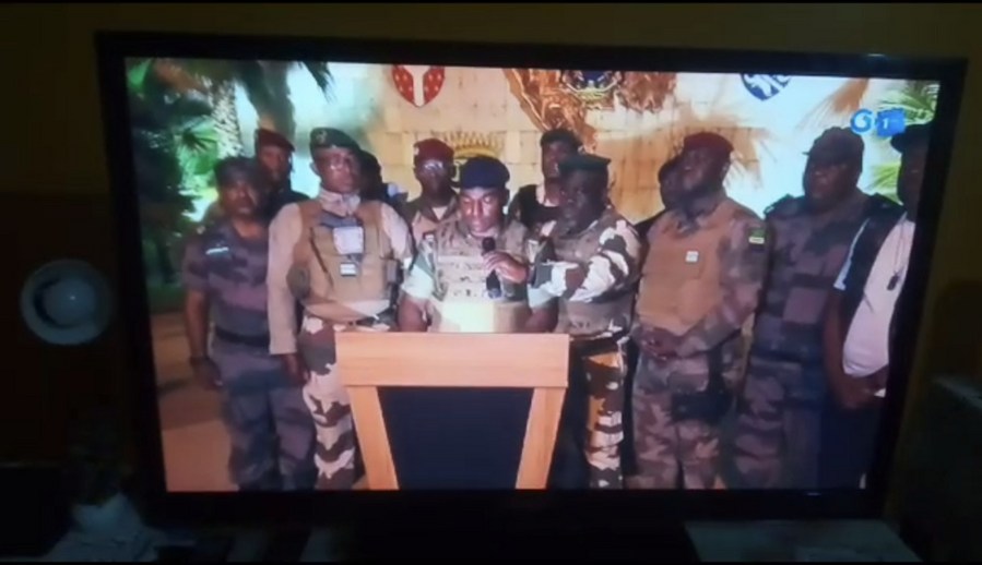 This video grab shows a group of Gabonese military officers releasing a statement via a TV channel, August 30, 2023. /Xinhua