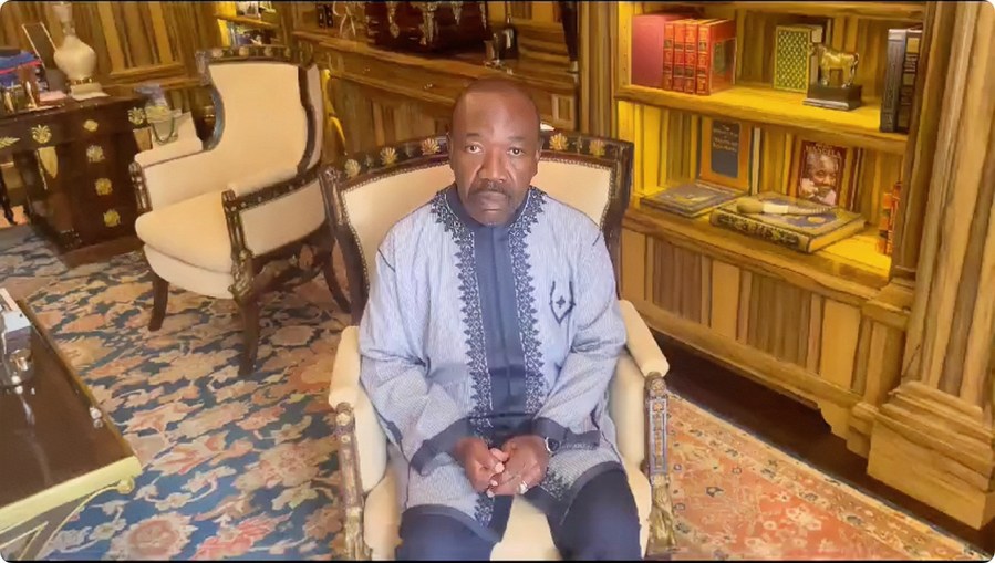 A video screenshot of Gabonese President Ali Bongo delivering a speech, August 30, 2023. /Xinhua