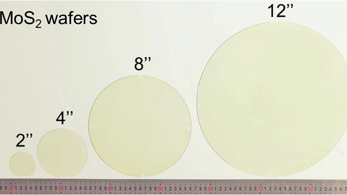 Photograph of uniform MoS2 film with wafer sizes ranging from 2-, 4-, 8- to 12-inch. /Science Bulletin