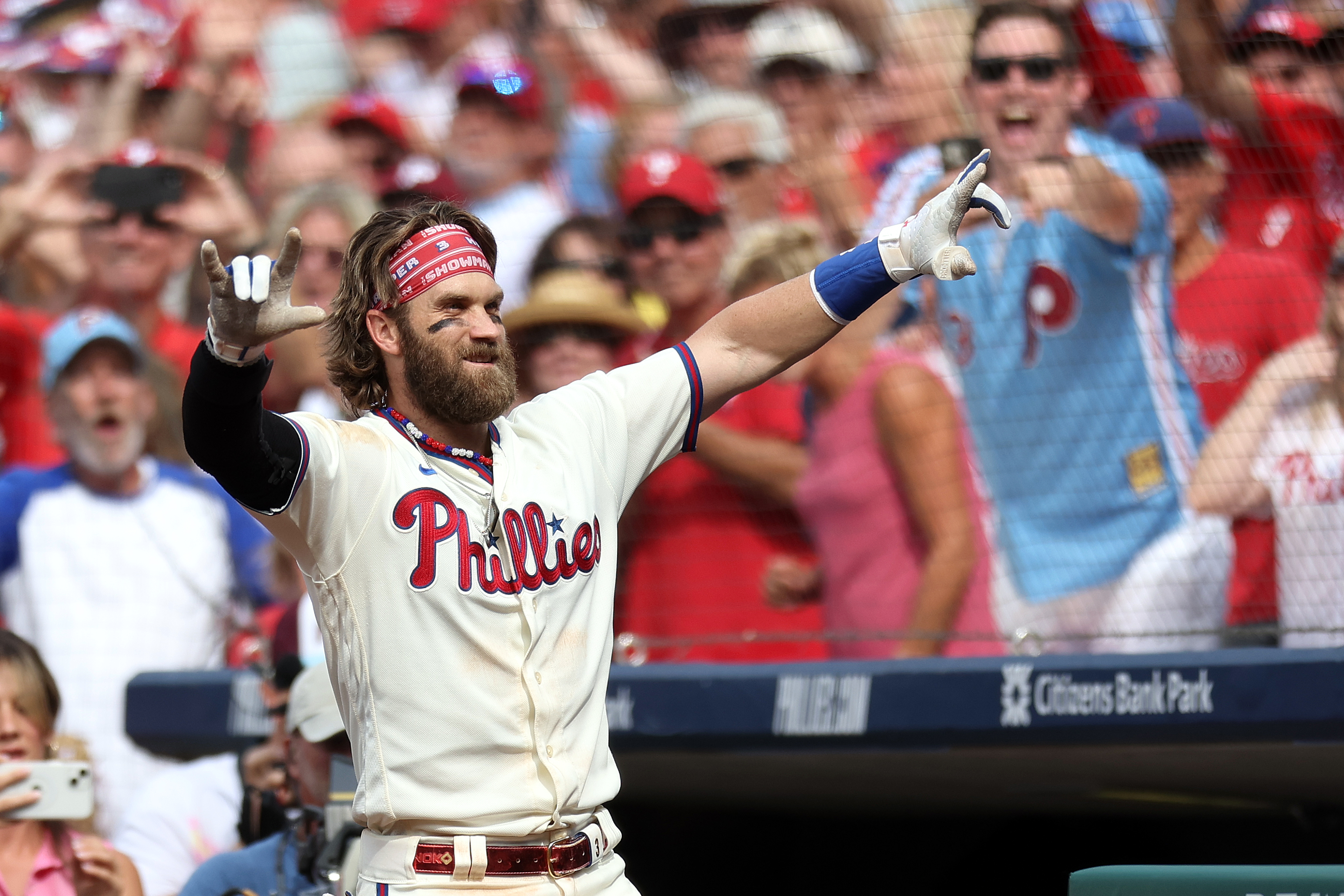 Bryce Harper of the Philadelphia Phillies celebrates after hitting a two-run homer during the eighth inning in the game against the Los Angeles Angels at Citizens Bank Park in Philadelphia, Pennsylvania, August 30, 2023. /CFP